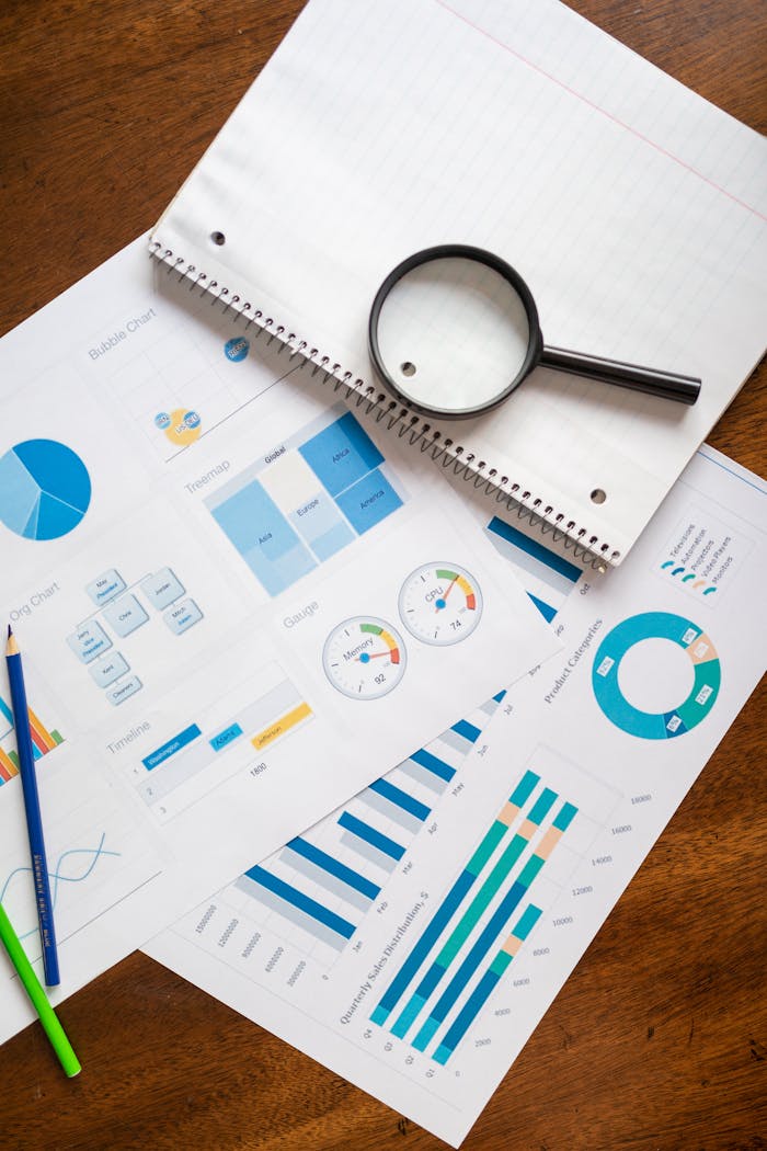 who-we-are A set of financial charts and graphs with a magnifying glass, perfect for business reports.